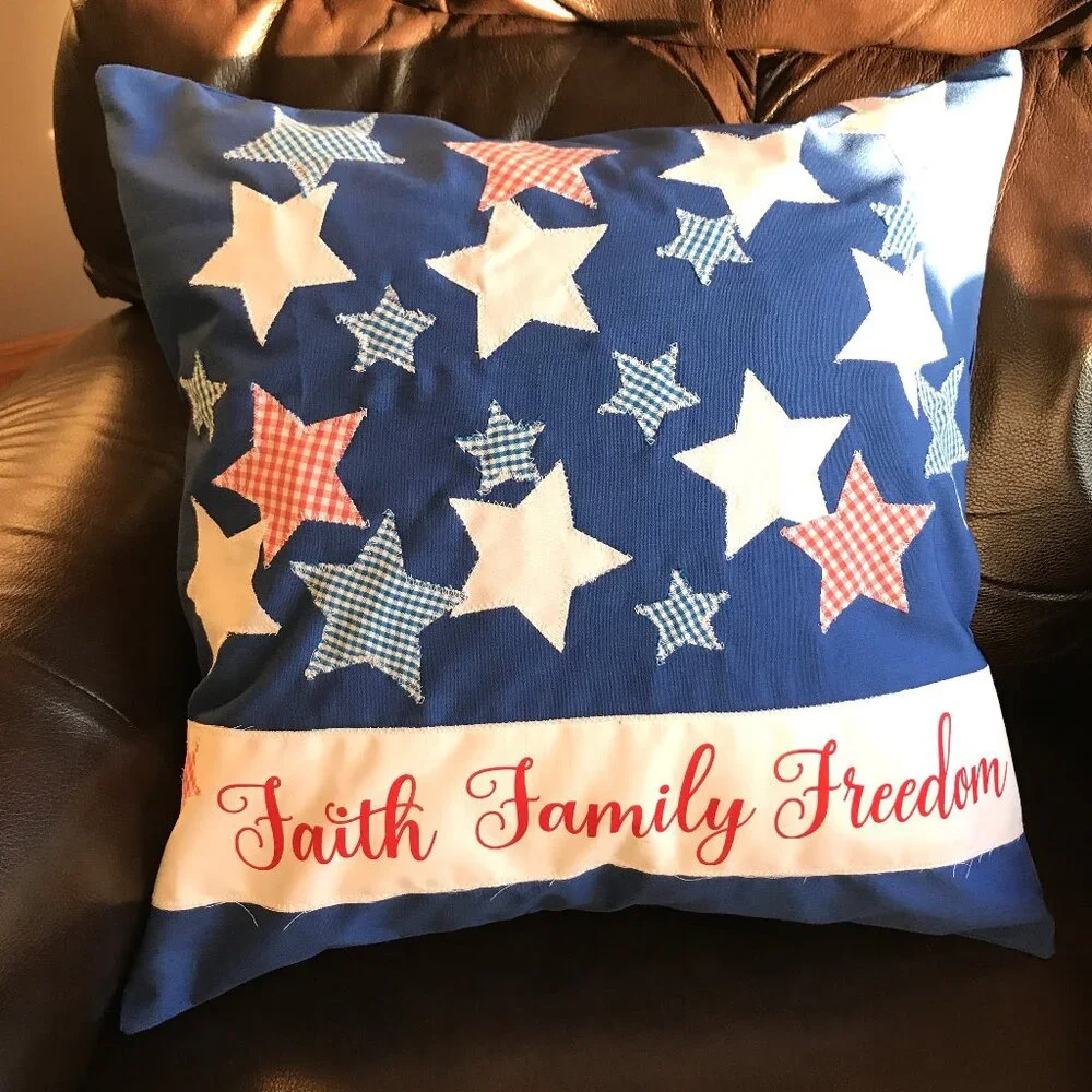 Patriotic Pillow Cover, Patchwork Stars Faith Family Freedom Applique 18 x 18